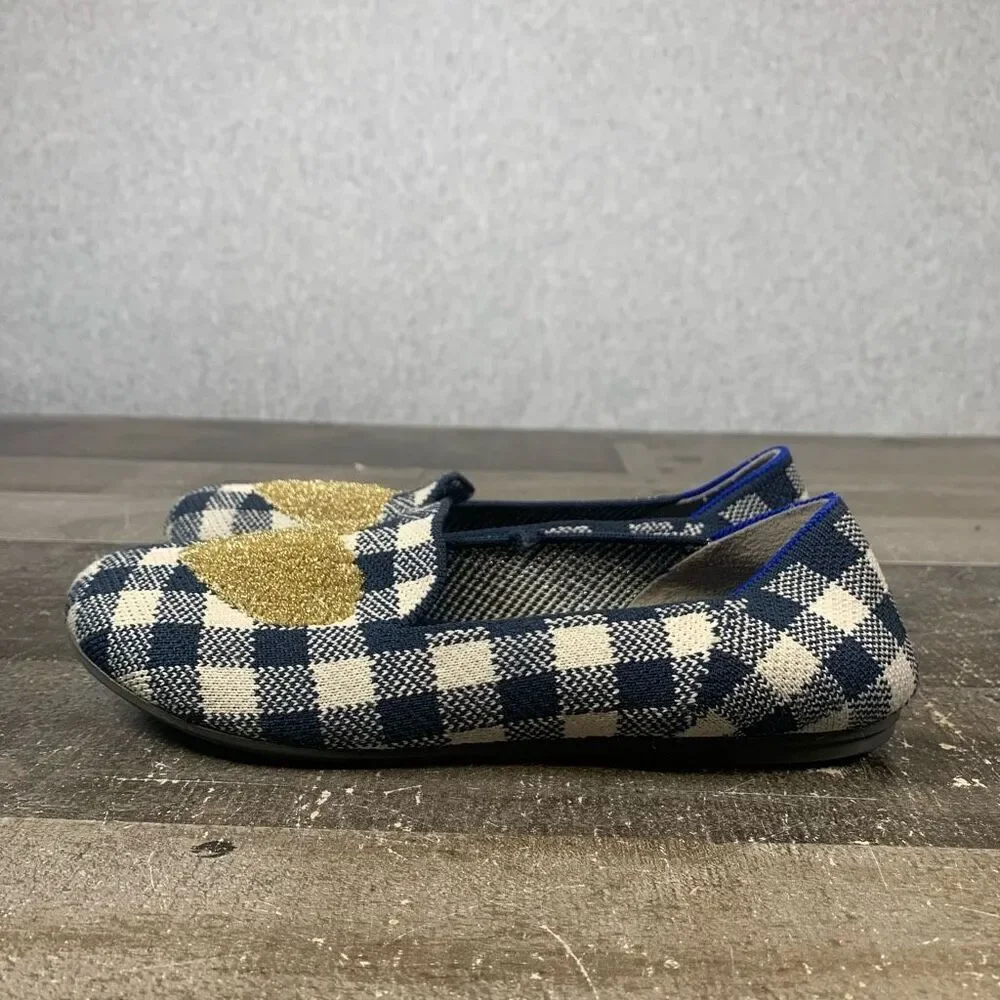 Rothy’s Big Girls Size 3 Gingham Loafers Gold Glitter Heart Plaid Ballet Flats